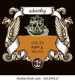 Whiskey or beer label design contains images of ship,anchor,griffin,ribbon and text.Label design.Vintage style.