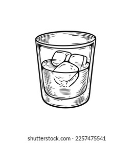 Whiskey black color outline sketch style cocktail art vector illustration.