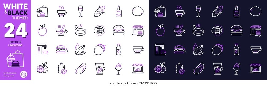 Whiskey bottle, Acorn and Refill water line icons for website, printing. Collection of Sunflower seed, Corn, Market icons. Apple, Water bottle, Macadamia nut web elements. Fast food. Vector