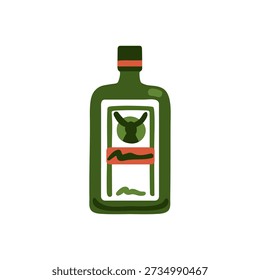 Whiskey bottle. Alcohol beverage in rectangle glass packaging with abstract label. Alcoholic drink, strong spirits. Brandy, whisky icon. Flat vector illustration isolated on white background