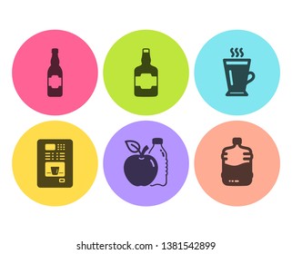 Whiskey bottle, Apple and Coffee vending icons simple set. Latte, Beer bottle signs. Scotch alcohol, Diet food. Food and drink set. Flat whiskey bottle icon. Circle button. Vector