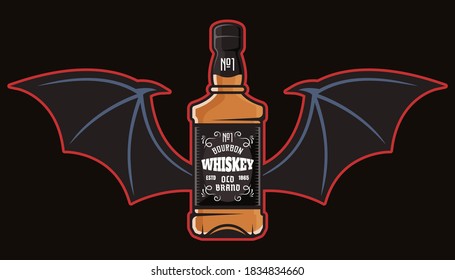 Whiskey bottle with bat wings colorful vector illustration in cartoon style isolated on dark background