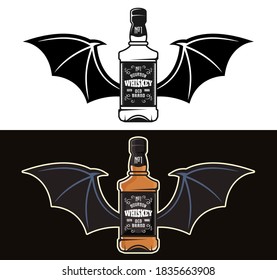 Whiskey bottle with bat wings two styles black on white and colorful on dark background vector illustration