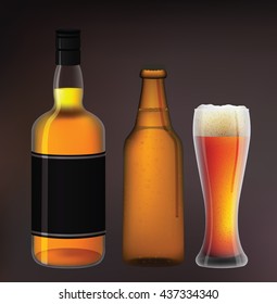 whiskey and bottle of beer with a glass