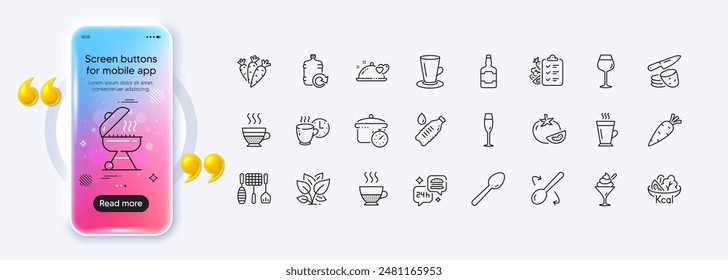 Whiskey bottle, Cafe creme and Carrot line icons for web app. Phone mockup gradient screen. Pack of Coffee break, Ice cream, Salad pictogram icons. Grill, Potato chips, Diet menu signs. Vector