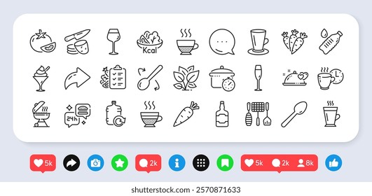 Whiskey bottle, Cafe creme and Carrot line icons pack. Social media: share, comment, like icons. Coffee break, Ice cream, Salad web icon. Grill, Potato chips, Diet menu pictogram. Vector