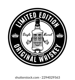 Whiskey bottle cartoon mascot vector round monochrome emblem, badge, label or logo with isolated on white background