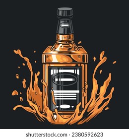 Whiskey bottle colorful vintage emblem with splashes of expensive alcoholic drink produced according to old recipe vector illustration