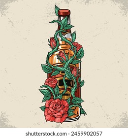 Whiskey bottle colorful vintage sticker with flowers weaving around alcoholic drink for restaurant menu design vector illustration
