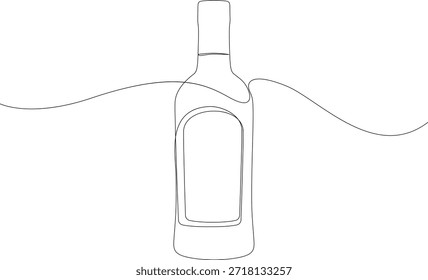 Whiskey Flasche durchgehende einzeilige Zeichnung. Bourbon, Scotch oder Brandy minimalistisches Design. Handgezeichnetes lineares Symbol, Vektorgrafik.
