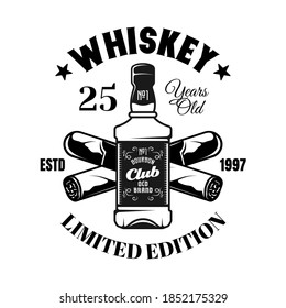 Whiskey bottle and crossed cigars vector emblem, badge, label or logo in vintage monochrome style isolated on white background