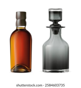 Whiskey bottle with decanter mockup, vector illustration. Luxury bourbon drink amber bottle design. Transparent decanter, crystal container for alcohol beverage, rum, cognac
