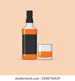 Whiskey Bottle with Glass, Alcohol Product Flat Design Vector Illustration.
