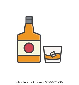 Whiskey bottle and glass flat line colored icon.