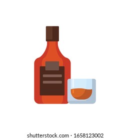 whiskey bottle with glass flat vector illustration