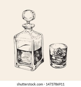 Whiskey Bottle and Glass. Hand Drawn Drink Vector Illustration