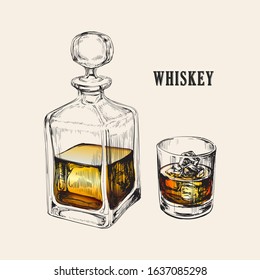 Whiskey Bottle and Glass. Hand Drawn Drink Vector Illustration.