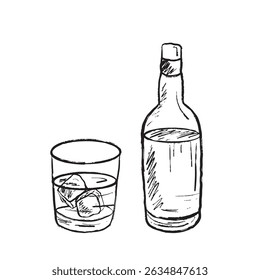 Whiskey bottle with glass and ice in black brush stroke texture isolated on white. Hand drawn vector sketch illustration in vintage charcoal ink. Pub menu, bar concept, alcohol drink