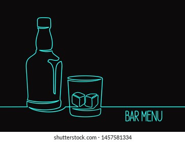 Whiskey bottle and glass with ice cubes. One continuous line drawing