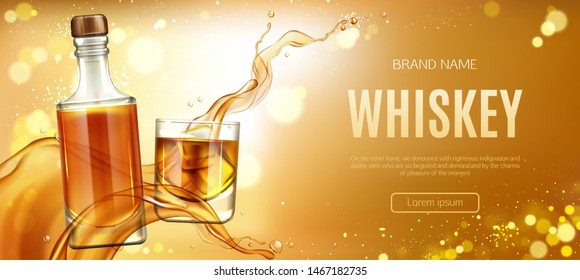 Whiskey bottle and glass with ice cubes and splash mockup banner. Closed glass blank flask with strong alcohol drink package mock up advertising promo ad banner, Realistic 3d vector illustration