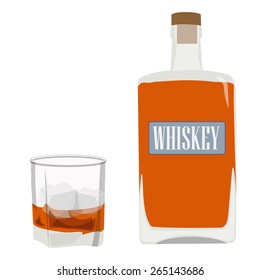 Whiskey bottle and glass with ice vector, alcohol beverage