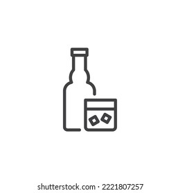 Whiskey bottle and glass line icon. linear style sign for mobile concept and web design. Whiskey alcoholic drink outline vector icon. Symbol, logo illustration. Vector graphics