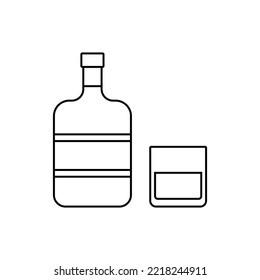 Whiskey bottle and glass. Linear icons beverages. Outline black alcoholic drinks with wineglasses isolated on white background. Thin line objects. Flat design. Vector illustration.