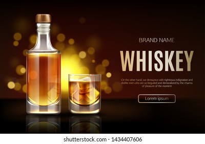 Whiskey bottle and glass mockup. Closed blank flask with strong alcohol drink mock up stand on dark background with defocused sparkles, advertising promo ad banner, Realistic 3d vector illustration