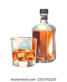 Whiskey bottle and glass on ice background icon isolated