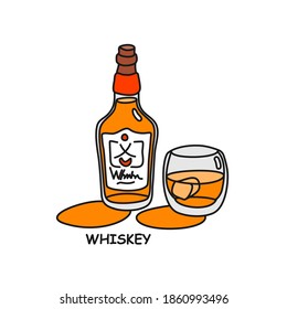 Whiskey bottle and glass outline icon on white background. Colored cartoon sketch graphic design. Doodle style. Hand drawn image. Party drinks concept. Freehand drawing style. Vector.
