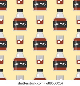 Whiskey bottle glass seamless pattern liquor scotch beverage whisky bourbon drink brandy background vector illustration.
