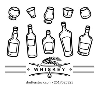 Whiskey bottle and glass set. Collection icon whiskey. Vector