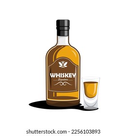 Whiskey bottle with glass shot on isolated background, Vector illustration.