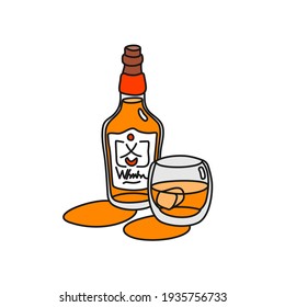 Whiskey bottle and glass superimposed outline icon on white background. Colored cartoon sketch graphic design. Doodle style. Hand drawn image. Party drinks concept. Freehand drawing style. Vector.
