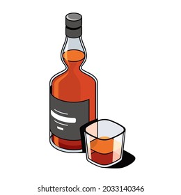 Whiskey bottle glass. Vector 3d sketch line isometric, color icon illustration, flat style. Creative design idea and elements for infographics and website.