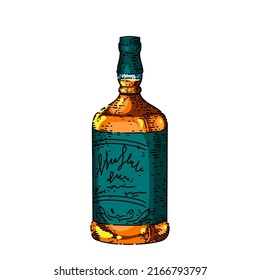 Whiskey Bottle Hand Drawn Vector. Glass Slcohol, Vintage Whisky Drink, Scotch Bourbon, Brandy Coctail Whiskey Bottle Sketch. Isolated Color Illustration