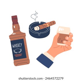 Whiskey Bottle, Hand Holding A Glass Filled With Alcohol And Smoldering Cigar Resting In An Ashtray, Cartoon Vector Set