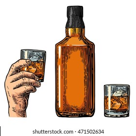 Whiskey bottle and hand holding glass. Vintage color vector engraving illustration for label, poster, invitation to party and birthday. Isolated on white background