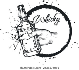 Whiskey bottle in hand, vector design in sketch style, grunge, paint splashes. Poster for bar, restaurant, alcohol menu, drink party