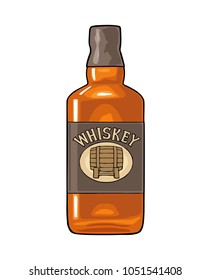 Whiskey bottle label with barrel. Vector color vintage illustration isolated on white background. Hand drawn design element.