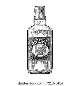 Whiskey bottle label with barrel. Vector black engraving vintage illustration isolated on white background. Hand drawn design element.
