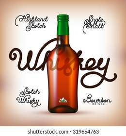 Whiskey bottle and Labels Set. Kinds of whiskey