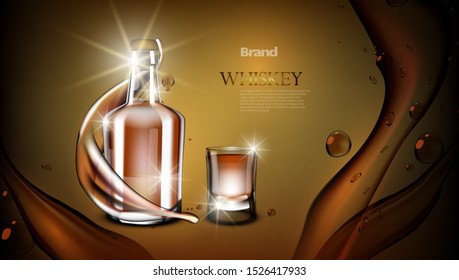 Whiskey Bottle Mock Up. Closed Glass Alcohol Flask With Splashes. EPS10 Vector