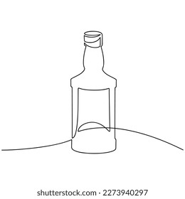 Whiskey bottle one line continuous drawing. Bourbon, scotch, brandy, hard drink icon. Hand drawn linear vector illustration. Print, banner, card, wall art poster, sign. Bar, pub, shop, product logo.