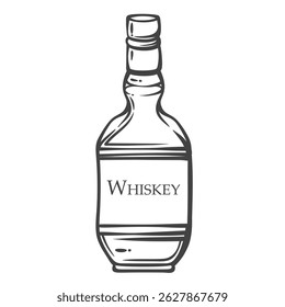 Garrafa de uísque com rótulo retangular em estilo de contorno de rabiscar. Elemento de bebida alcoólica desenhado à mão. Ilustração vetorial para design de menu, marca ou pacote de barras.