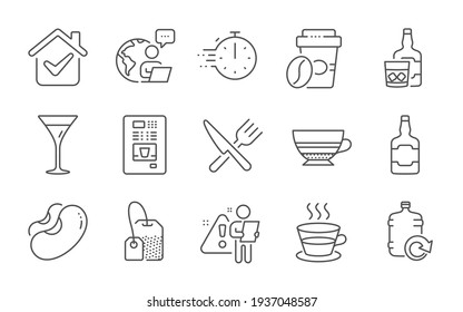 Whiskey Bottle, Refill Water And Tea Bag Icons Set. Mocha, Food And Martini Glass Signs. Vector