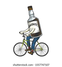 Whiskey bottle rides bicycle sketch engraving vector illustration. T-shirt apparel print design. Scratch board style imitation. Black and white hand drawn image.