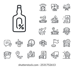 Sinal de garrafa de uísque. Ícones da estrutura de tópicos Plano, cadeia de suprimentos e local. Ícone de linha livre de álcool. Símbolo de bebida de bar. Sinal de linha livre de álcool. Transporte de táxi, alugar um ícone de bicicleta. Mapa de viagens. Vetor