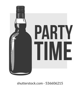 Whiskey Bottle, Sketch Style Vector Invitation, Banner, Poster Template. Realistic Hand Drawing Of An Unlabeled, Unopened Whiskey Bottle, Party Time Concept