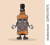 Whiskey bottle smiling cartoon character with hands and legs vector illustration in colorful style on light background